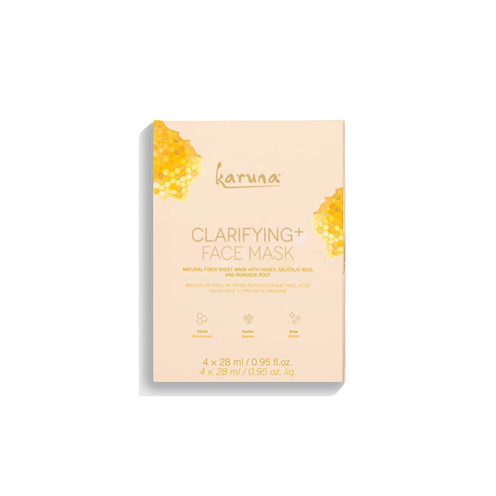 Karuna Skin - Clarifying+ Sheet Masks for Clear Skin, Moisturizing & Hydrating Face Masks Skincare, Sheet Mask with Honey, Salicylic Acid & Burdock Root, 4 Face Mask Sheets per Pack