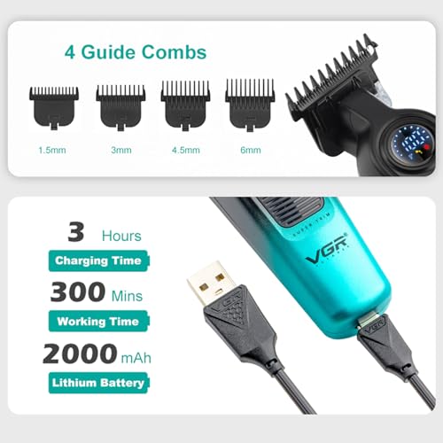 VGR Hair Trimmer for Men, Cordless Hair Clippers with 7000RPM Motor, Ceramic Titanium Blade Beard Trimmer, LED Display, USB Rechargeable Grooming Tool for Beard Hairline Detail, V-996(Green)