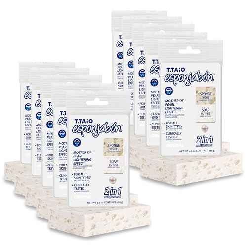 T.Taio Esponjabon Mother of Pearl Soap Sponge - Cleansing Shower Scrubber - Cleaning Bath Wash Scrub - Oil Removal - Massage & Lather Foot, Elbow, & Face - Bathroom Accessories - Fresh Scent (10-pack)