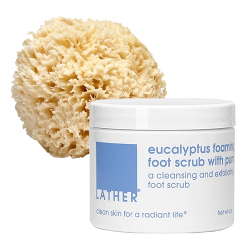 LATHER - Natrual Sea Wool Sponge 5"-6" + Foot Scrub with Pumice Stone 4oz