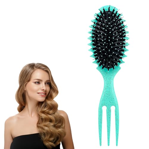 Curly Hair Brush Detangling Brush, Green Round Brush Styling Brush Boar Bristle Styling Brush with Soft Silicone Bristles, Shaping & Defining Curls Hair Brushes for Women