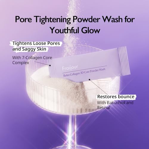 Fraijour Retin-Collagen 3D Core Powder Wash ? Exfoliating Powder Cleanser with Papain & 7 Collagens, Tightens Pores, Smooths Skin, Anti-Aging, For Oily & Acne-Prone Skin, 30 Packets, 0.04 oz. each