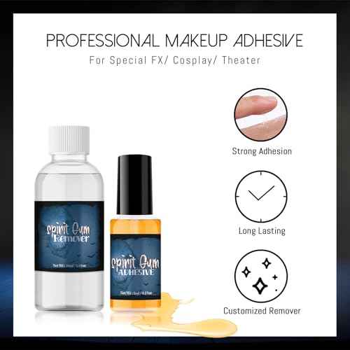 CHASPA Spirit Gum Adhesive and Remover Kit: Professional Cosmetic Glue for Face Skin Body, Prosaide Prosthetic Adhesive Glue for Halloween Makeup, SFX, Stage, Fake Beards, Bald Cap, Mustache