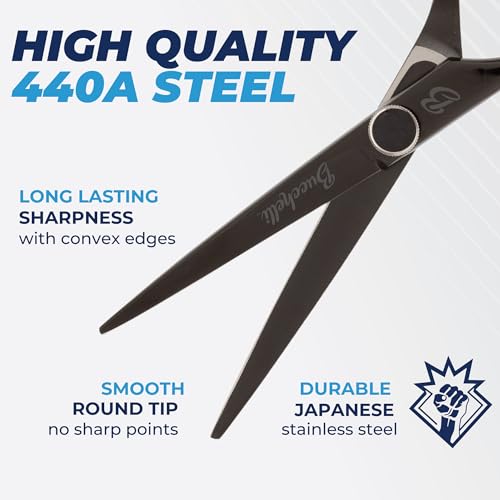 Bucchelli 7-Inch Left-Handed Hair Cutting Scissors with Adjustable Tension – Japanese 440A Steel, Micro Bevel Edge, Black
