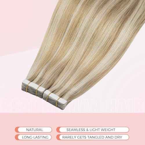 Tape in Hair Extensions Human Hair 18 Inch Dark Ash Blonde Highlights Light Blonde Invisible Straight tape hair extensions 20Pcs 50G Thick Ends