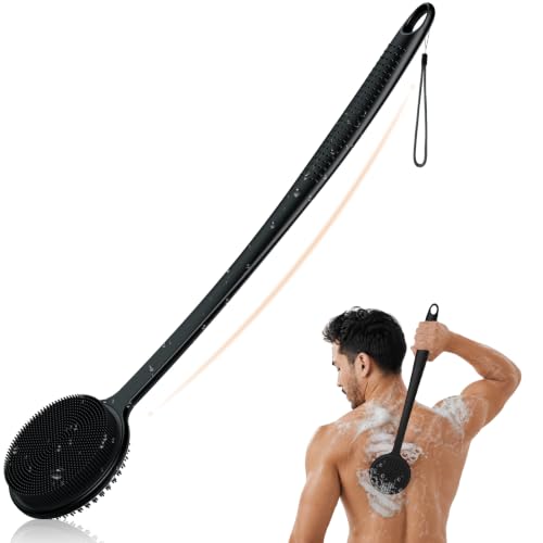 17" Silicone Back Scrubber with Long Handle Double-Sided Shower Brush