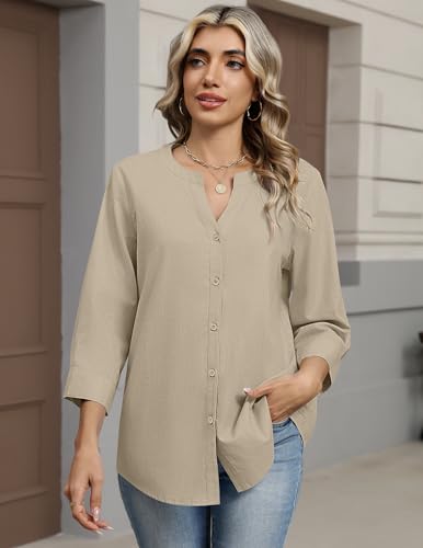 Zeagoo Women's 3/4 Sleeve Linen Cotton V Neck Button Down Shirt