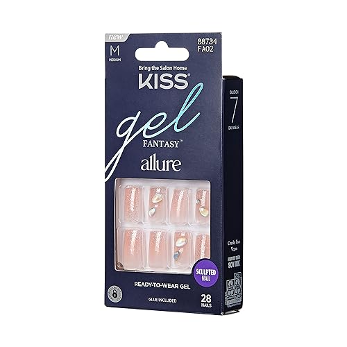 KISS Gel Fantasy Allure Ready-To-Wear Fake Nails ? Medium, Square - Transformation, Salon Quality, Smudge Proof, Waterproof, Durable, Wearable, Flexible, Chip Proof, Gorgeous & Shiny | 28 Count