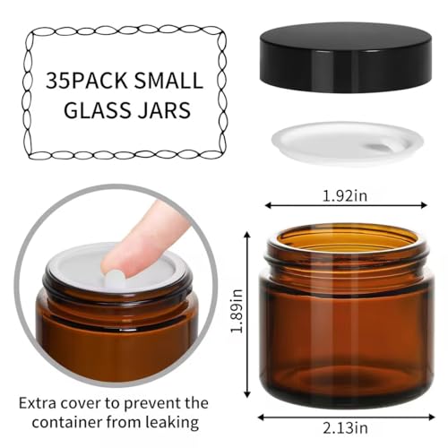 2oz Amber Glass Cosmetic Jars, 35 Pack with Black Lids