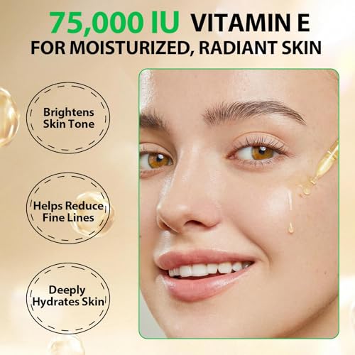 Vitamin E Oil for Skin,75,000 IU Pure Vitamin E Oil for Face, Hair,Nail & Body Tightening Plump Skin,Reduce Fine Lines & Scars,Non-GMO