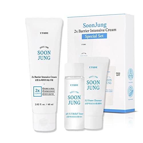 ETUDE Soonjung 2x Barrier Intense Cream Set | 2x Barrier Cream 2.02fl.oz + Ph 5.5 Relief Toner 0.85 Fl.oz. + Foam Cleanser 0.68 Fl.oz. | Oil And Water Balance Skin Care Moisturizing Cream