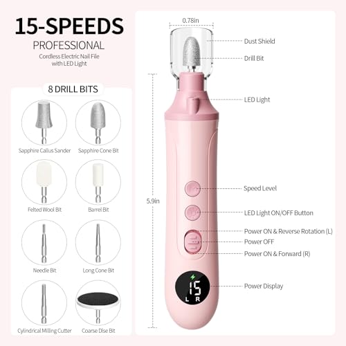 Cordless Electric Toenail Grinder with LED Light - 15 Speeds & USB-C Rechargeable