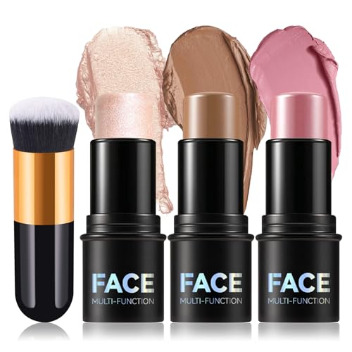 3Pcs Cream Contour Stick Kit with Brush - Blush, Highlight & Bronzer