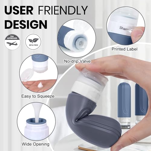 Travel Toiletry Bottles 8 Pack - TSA Approved Silicone Containers Kit with Jars & Labels