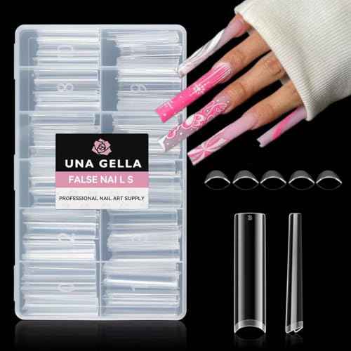 UNA GELLA No C Curve Tapered Square Nail Tips 216Pcs - 3XL Half Cover Clear Acrylic False Straight Nail Tips Long Soft Square Gel Tips Press on Nails for Nail Extensions DIY 12 Sizes With Box