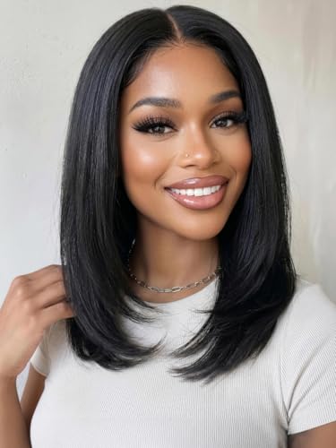 KLAIYI Yaki Straight Bob Wig - 12 Inch Glueless Lace Front