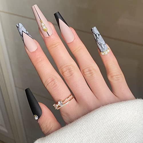 BABALAL Long Press on Nails Matte False Nails Coffin Fake Nails Ballerina Nails Snake Glue on Nails for Women and Girl