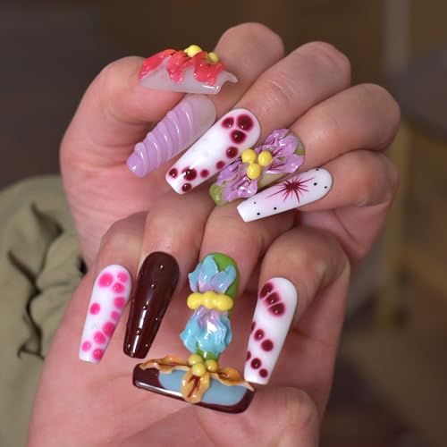 Handmade Press On Nails Long Multicolor 3D Carving Flowers Design 10pcs Hand painted Smudging Glue On Acrylic Fake Nails