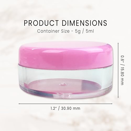 50 New Empty 5 Grams Acrylic Clear Round Jars - BPA Free Containers for Cosmetic, Lotion, Cream, Makeup, Bead, Eye shadow, Rhinestone, Samples, Pot, Small Accessories 5g/5ml (PINK LID)