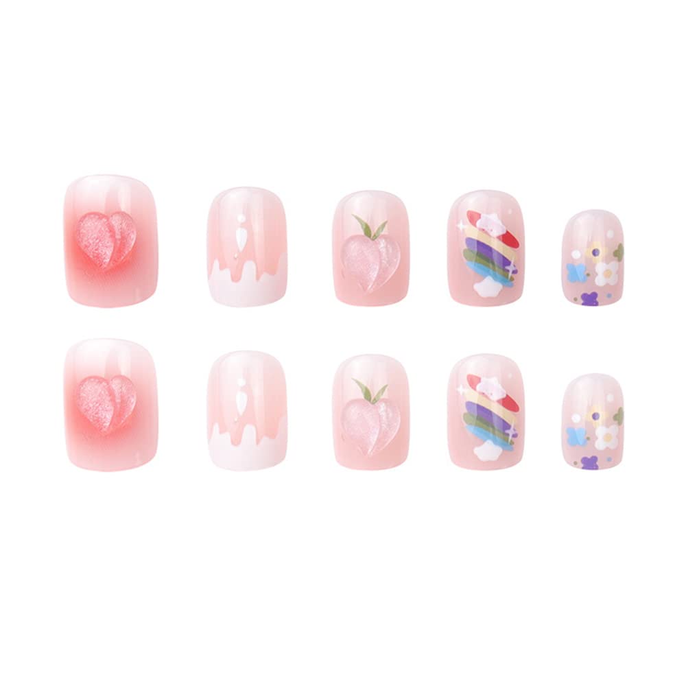 DOUBNINE Press On Nails Short Square Pink Flower Rainbow Blooming French Tip Gossry Acrylic False Nails with Glue Ballerina Spring Look Full Cover Stick On Nails for Women