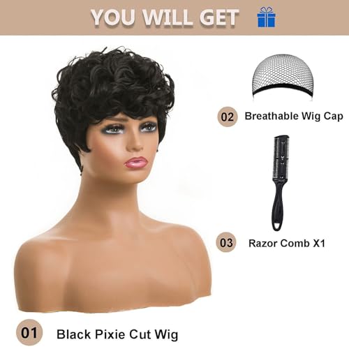 MOONSHOW Short Pixie Wig for Black Women - Curly Synthetic Hair
