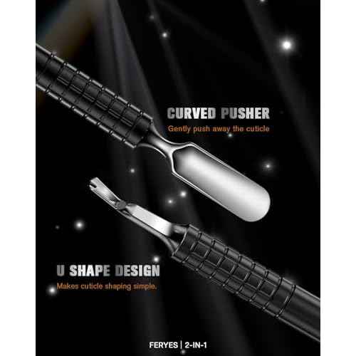 FERYES Cuticle Pusher with Fork, 2-in-1 Cuticle Remover Tool, Upgraded Stainless Steel Cuticle Trimmer Nail Care Tool for Manicures- Black(5.8 Inches£©