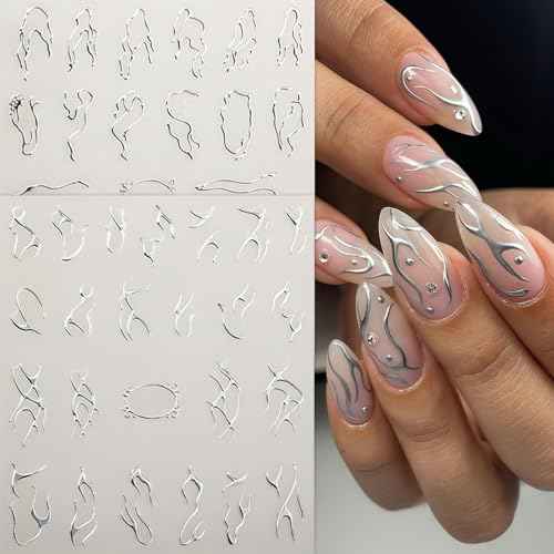 6 Sheets Lines Nail Art Stickers Decals Silver Stripe Line Nail Decals 3D Self-Adhesive Abstract Marble Wave Nail Design Holographic Irregular Line Nails Supplies Nail Accessories for Women Nail Decor