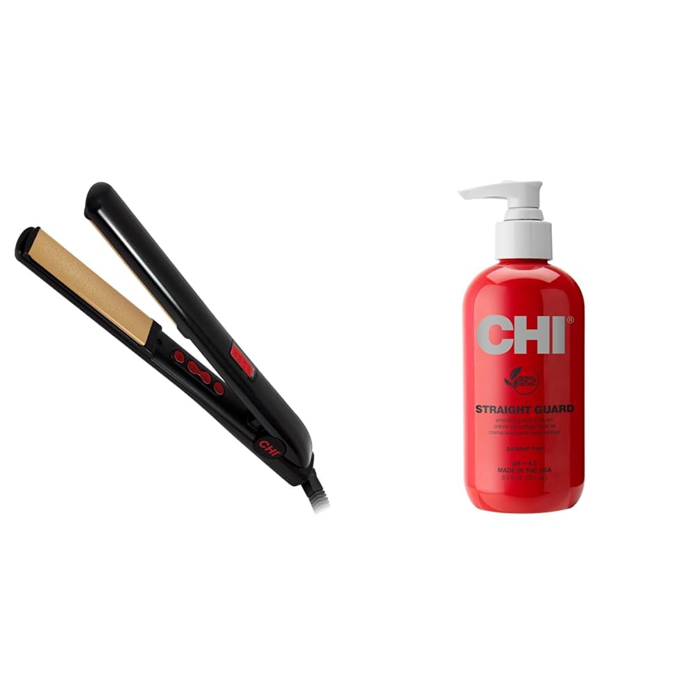 CHI PRO G2 Digital Titanium Infused Ceramic 1" Straightening Hairstyling Iron & Straight Guard Smoothing Styling Cream, 8.5 FL Oz