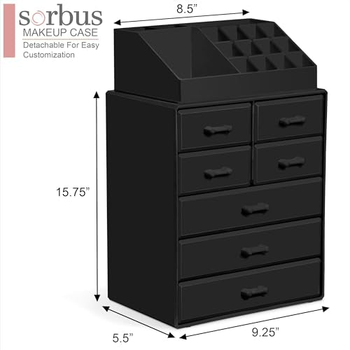 Sorbus Makeup Organizer, Brush Holder and Make Up Storage Drawers - Acrylic Makeup organizer for vanity, Bathroom - Cosmetic Display Cases with 3 large, 4 Small Drawers & 1 Tray for Makeup Brush