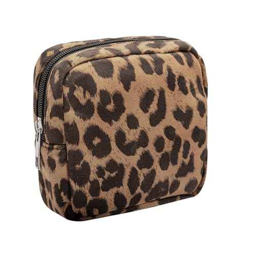 Fabric Leopard Print Makeup Bag Travel Cosmetic Case Soft Toiletry Bag with Zipper, Portable Make Up Organizer Traveling Compact Car Bag for Essentials (Brown)