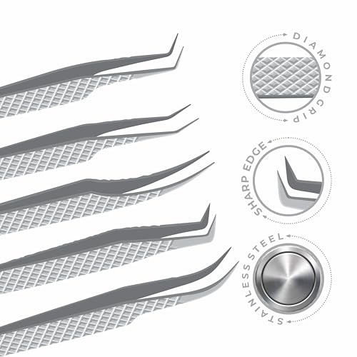 GMI Lash Tweezers - Set of 5 Eyelash Tweezers - Stainless Steel Eyelash Extension Tweezers - Multipurpose Lash Tweezers for Eyelash Extensions for Individual., T1122