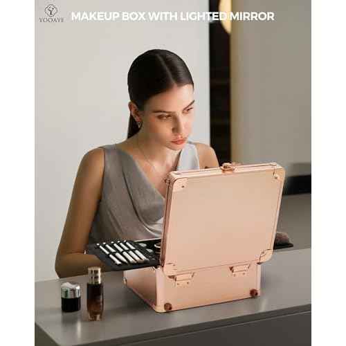 Makeup Box with Detachable Lighted Mirror?Travel Train Case, Cosmetic/Storage Organizer & Makeup Suitcase with Adjustable Dividers & Magnetic LED Mirror (Rose Gold)