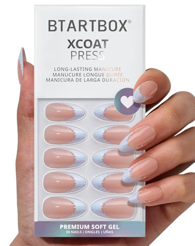 BTArtbox Press On Nails - Something Blue, Medium Almond, French Tip - 30Ct All-in-One Kit