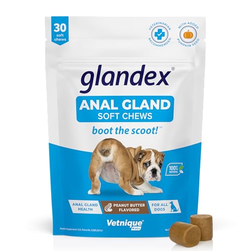 Glandex Anal Gland Soft Chew Treats with Pumpkin for Dogs Digestive Enzymes, Probiotics Fiber Supplement for Dogs Boot The Scoot (Peanut Butter Chews, 30ct)