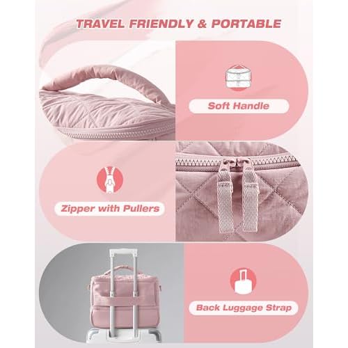 Quilted Nail Polish Organizer Bag Holds 42 Bottles and Nail Lamp, Nail Polish Storage Case with Crossbody Straps and Multiple Pockets, Pink