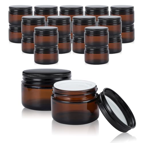 24 pack 5ml Amber Glass Cosmetic Jars with Black Metal Lids Empty Lip Balm Containers with Inner Liner Tiny Sample Jar with Label for Wax Salve Lotion