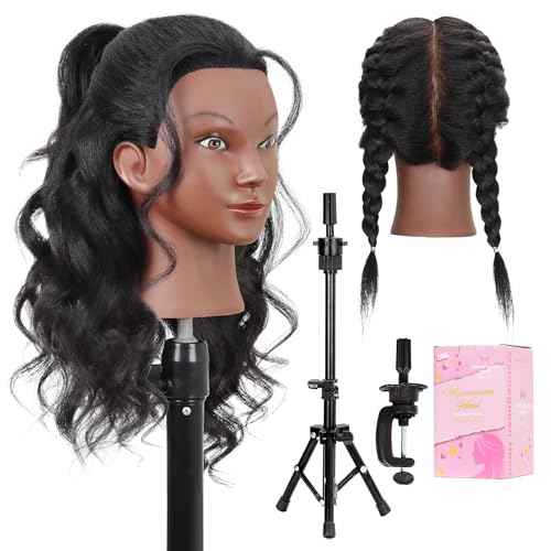 Mannequin Head with Human Hair 16" Cosmetology Manikin Doll Head 100% Real Human Hair for Styling Hairdresser Practice Braiding with Tripod Set