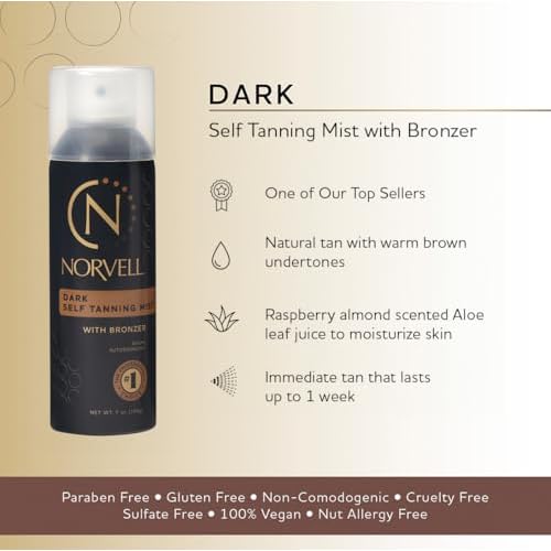 Norvell Professional Sunless Self Tanner Mist 7 fl oz ? Airbrush Spray Self Tanning Solution with Bronzer for Instant Sun Kissed Glow, Natural Looking Fake Tan, Streak Free, Long Lasting Color
