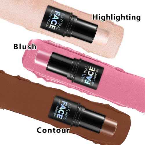3Pcs Cream Contour Stick Makeup Kit, Shades with Highlighter, Blush and Bronzer Contour Stick for Sculpt the Cheeks, Long Lasting, Waterproof, Matte & Dewy Finish LIGHT MEDIUM(2+5+6)