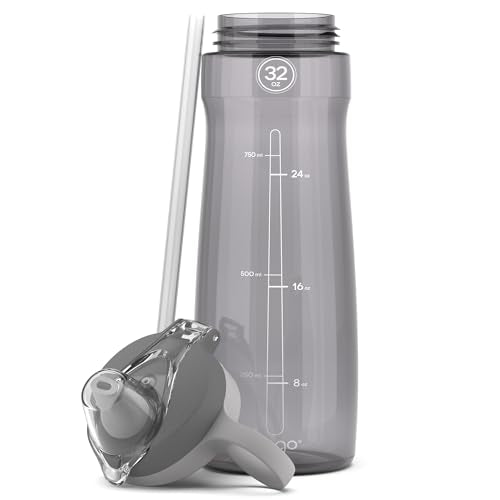 Pogo BPA-Free Tritan Plastic Water Bottle with Soft Straw, 32 Oz, Grey