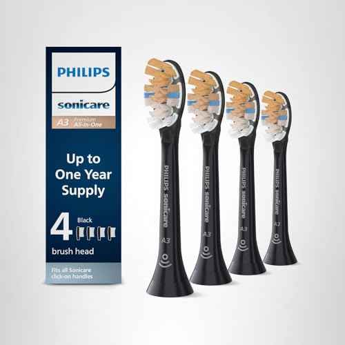 Philips Sonicare A3 All-in-One - Genuine Replacement Electric Toothbrush Heads, Black, 4 Pack One Year Supply, HX9094/95