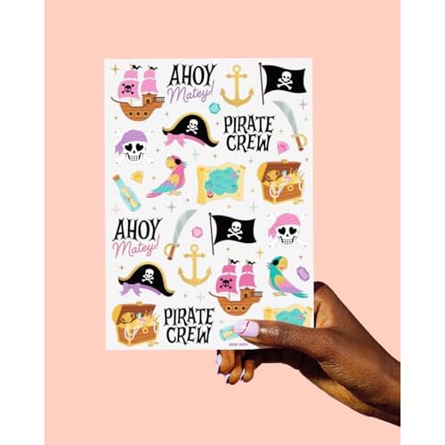 xo, Fetti Pirate Crew Temporary Tattoos - 48 Gold Foil Pcs | Birthday Accessory, Girl Treasure Hunt Decorations, Kids Ahoy Party Favor, Cute Pink Activity