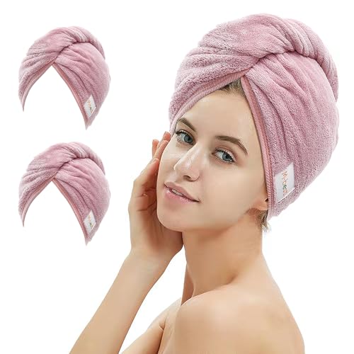 Microfiber Hair Towel Wrap 2 Pack with Button, Bean Pink