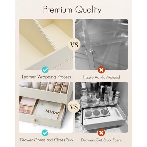 VLANDO Makeup Organzier,Vanity Organizer with Drawers, PU Leather Skincare Organizer Perfume Organizer,Large Cosmetic Display Case for Lipstick,Brushes Gifts for Women-Beige