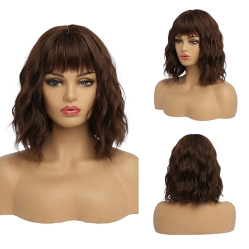EssionTech Short Brown Bob Wig with Bangs 14 Inch – Premium Synthetic Wavy Wig