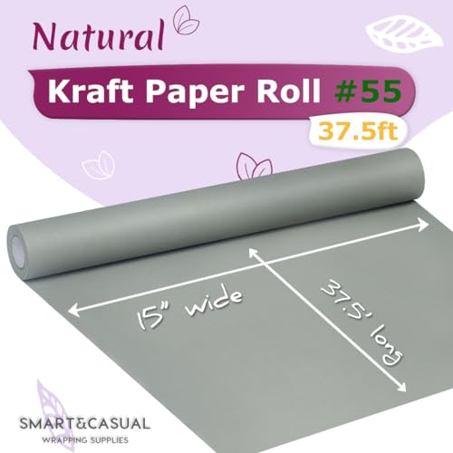 SMART&CASUAL 15" x 450" (37.5') Kraft Paper Roll for Art Craft Supplies Gift Wrapping Moving Packing Kids Painting Drawing Paint Easel Poster Chart Paper (Light Grey, 15"W x 450"L (37.5'))