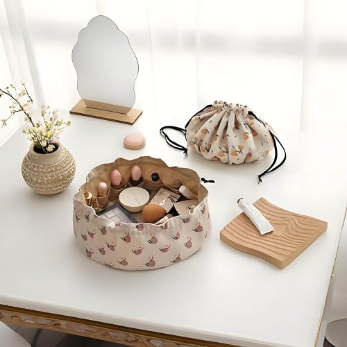 Large Capacity Drawstring Makeup Bag - Lightweight Oxford Fabric Cosmetic Organizer with Fruit Print, Travel Toiletry Pouch for Women & Beauty Lovers (Portable, Effortless Storage)(Peach powder)