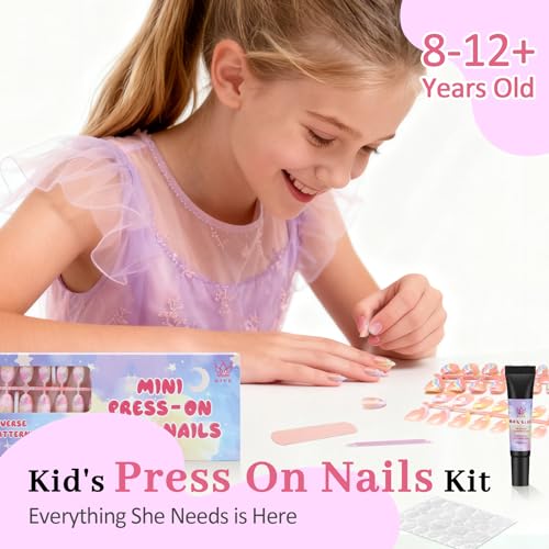 Kids Press On Nails 128 Pcs Almond Flower Design Girls