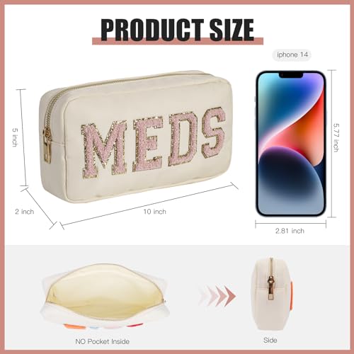 2pcs Personalized Chenille Letter Patch MEDS and RX Bags Set,Cute Nylon Drug Medicine Travel Makeup Bag with Zipper, Preppy Vitamin Organizer Bag for Women and Girls (RX+MEDS Beige)