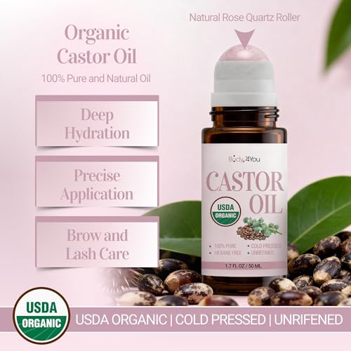 Castor Oil Roll On Eyelashes Eyebrows - 100% Pure Natural USDA Organic Cold Pressed - Hydrating Skin Hair Growth Oil Lashes - Non-GMO Hexane Free Unrefined - Natural Stone Roller Amber Glass 1.7 Fl Oz